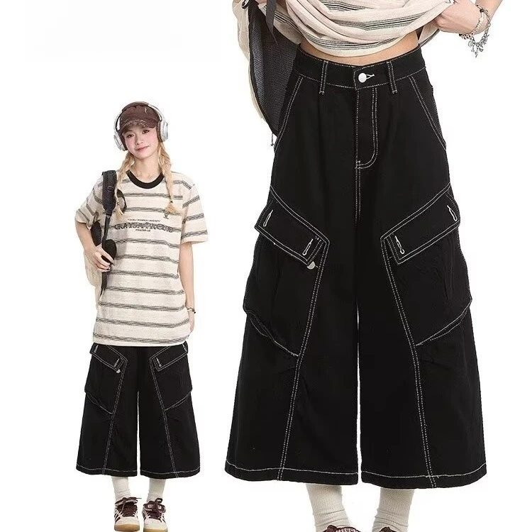 美式复古黑色明线工装牛仔七分裤2025摩登中性风多口袋阔腿短裤子