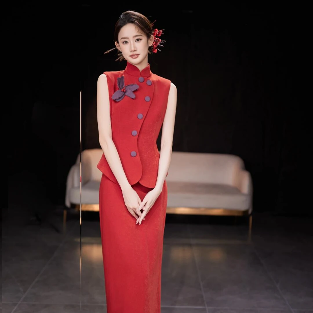 新中式红色无袖旗袍修身上衣搭配气质半裙夏季清冷松弛感穿搭复古