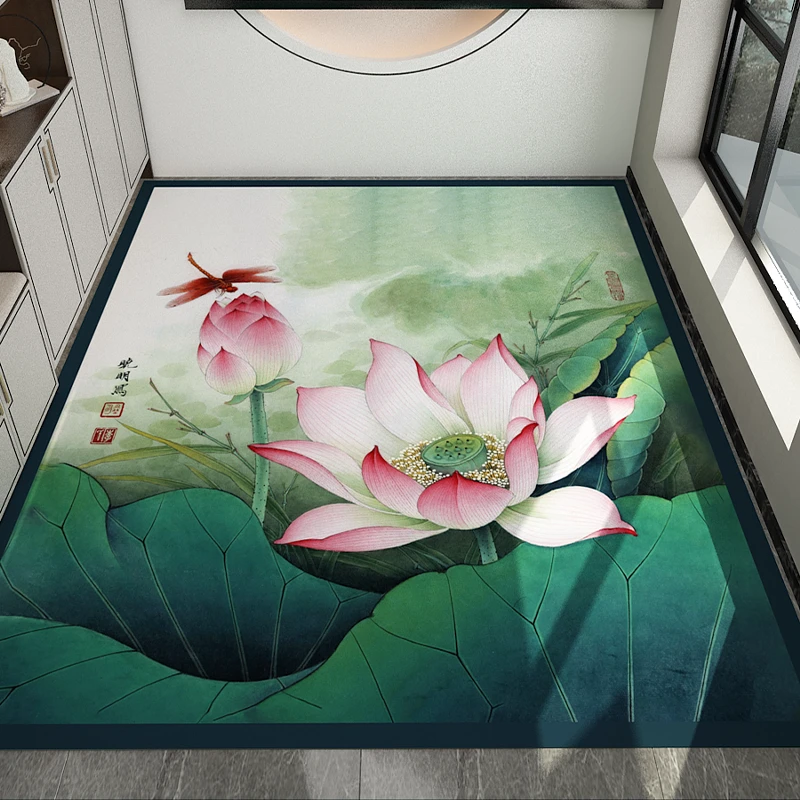 皮革新中式入户门工笔荷花进门玄关阳台防滑吸水免洗耐脏家用地垫