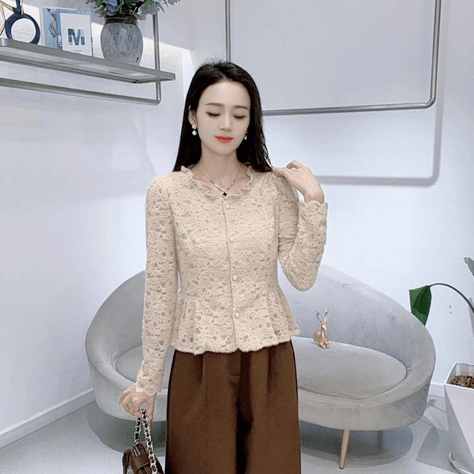 轻熟风圆领气质长袖蕾丝衫女2025秋季新款修身显瘦甜美减龄上衣潮