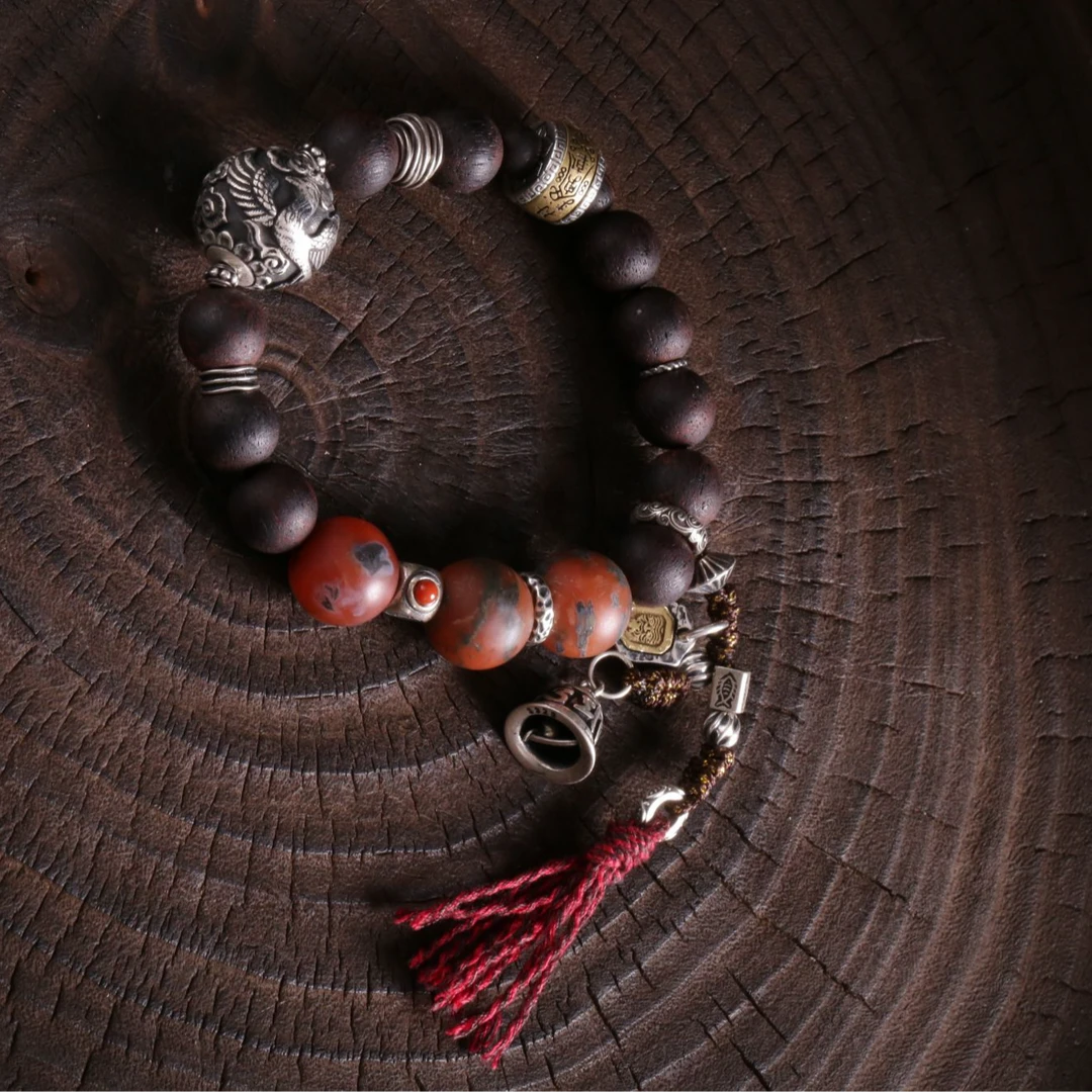 s09950＜非晚＞s925银足银降真香南红凤珠南红吉字六字真言弹力手串