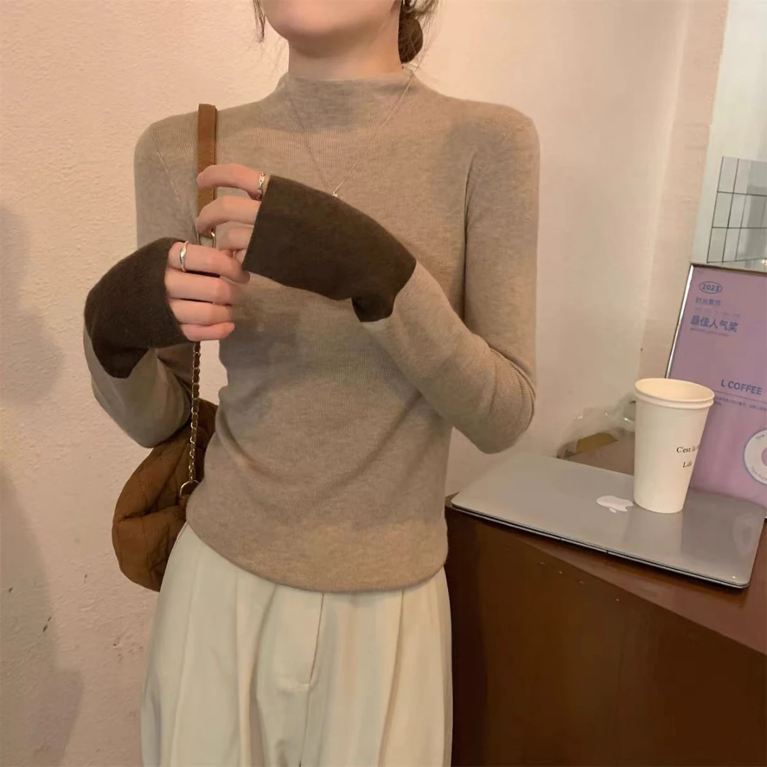 厚款拼色打底修身型气质毛针织衫百搭ins半高领秋冬时尚上衣保暖
