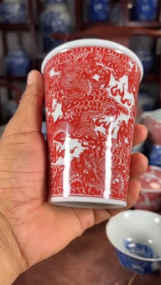 柴窑釉里红九龙可乐杯杯