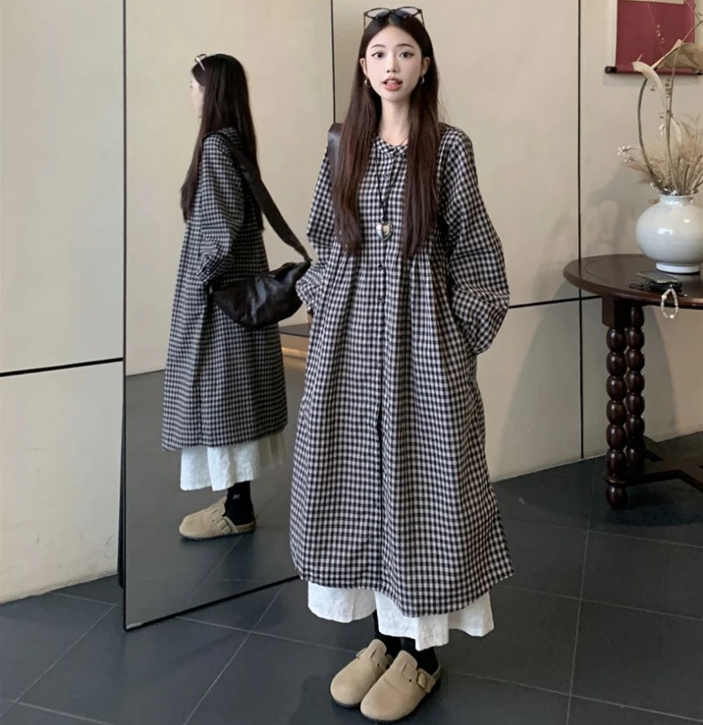 秋装新款大码女装日系慵懒风格子衬衫连衣裙新款时尚洋气百搭女装