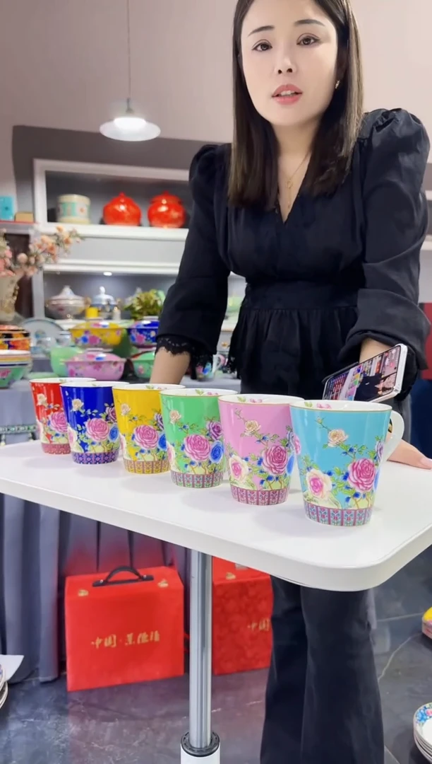 珐琅 牡丹花卉杯子6只装景德镇陶瓷