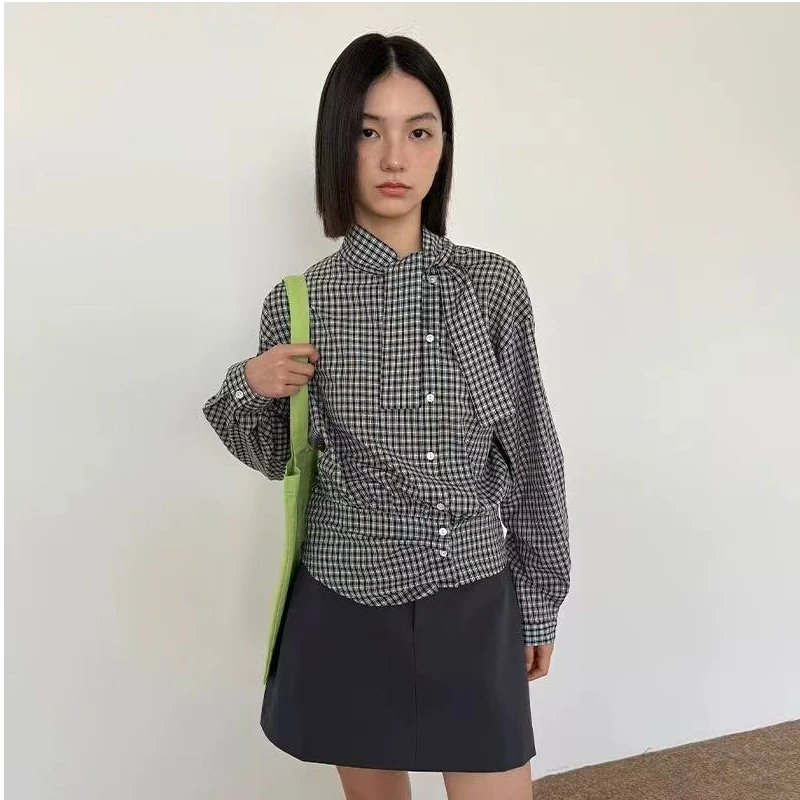 日常减龄 蓝色格子设计感小众套头衬衫飘带领绑带长袖上衣
