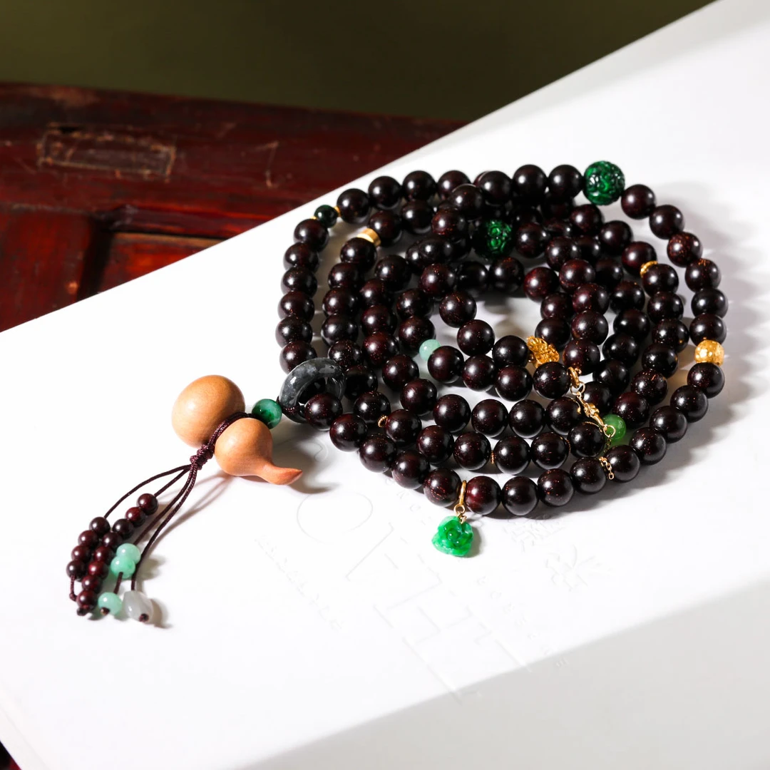 【意婵】《道教流珠》（8mm+）108珠老料爆星小叶紫檀18K金老山檀911311