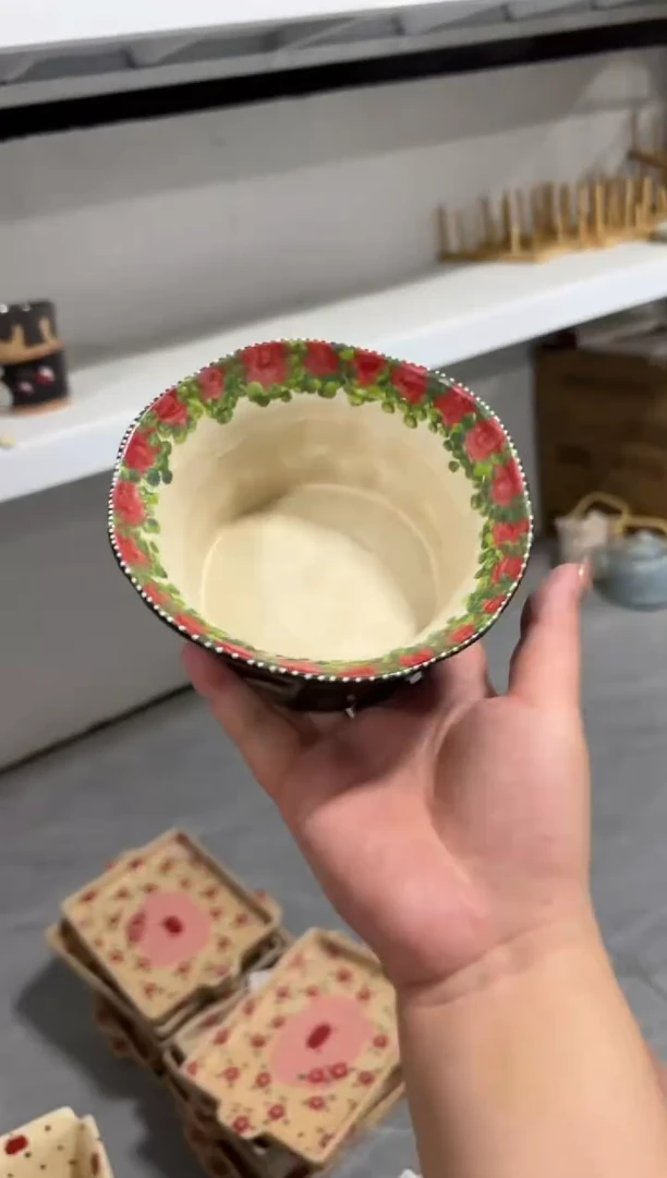 陶瓷黑色玫瑰果篮【十里高温釉下彩陶瓷】