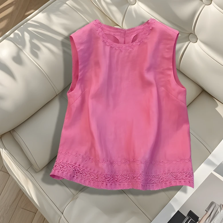 新款刺绣花边蕾丝圆领气质百搭设计感夏季无袖背心上衣女士中国风