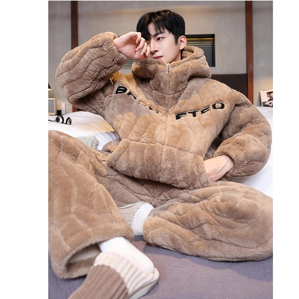 睡衣男款冬季三层加厚加绒秋冬款珊瑚绒夹棉袄保暖宽松家居服套装