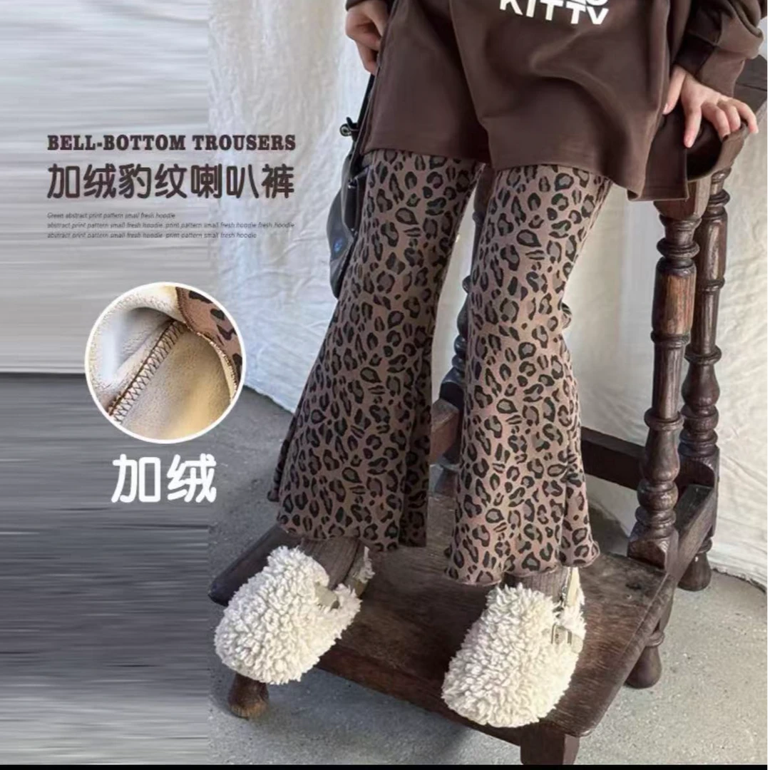 豹纹喇叭裤！秋冬印花中长款打底豹纹裤喇叭裤加绒微喇