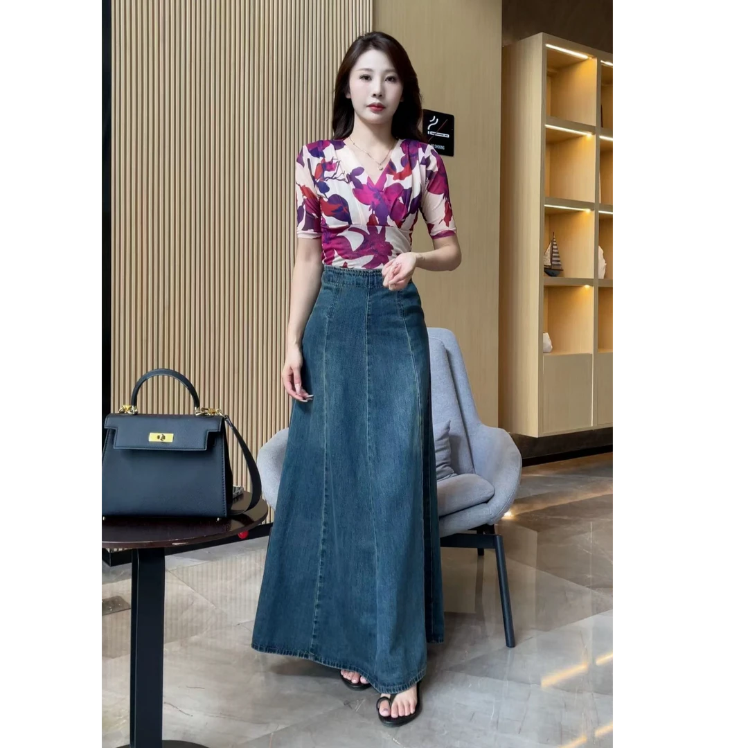【梦婷家】复古显瘦高腰A字半身裙女春季设计感拼接牛仔裙-2564