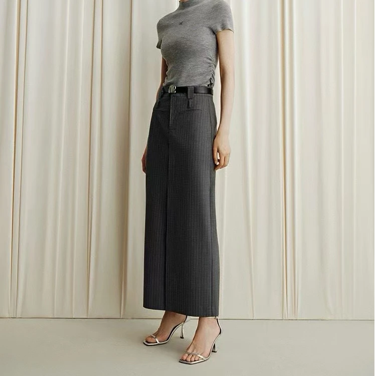 夏季新款纺灰色直筒长裙利落有型垂顺百搭显瘦气质半群
