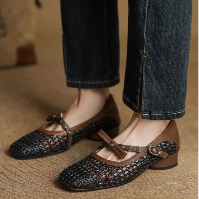 李大龙1405公分/新款编织镂空经典百搭时尚法式方头凉鞋女