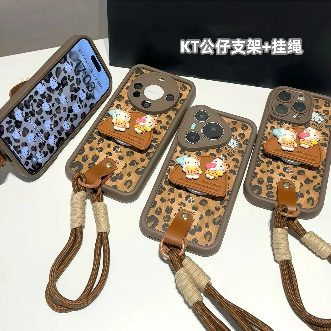 适用苹果17/16凯蒂猫皮革挂绳手机壳小米15/14新款华为pura80全包