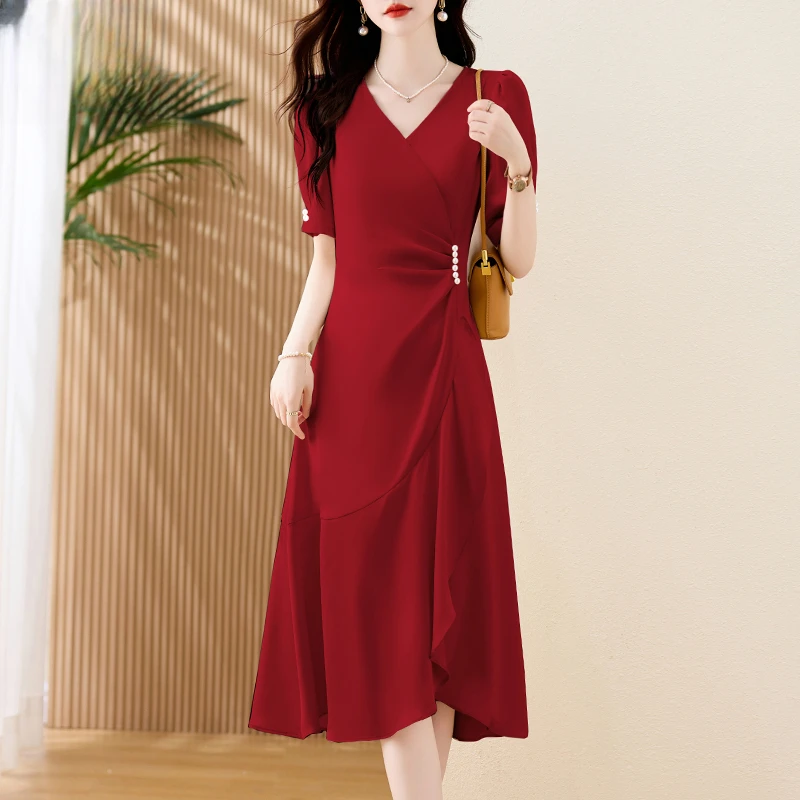 红色连衣裙女夏季2025新款女装高端气质修身显瘦端庄大气宴会裙子