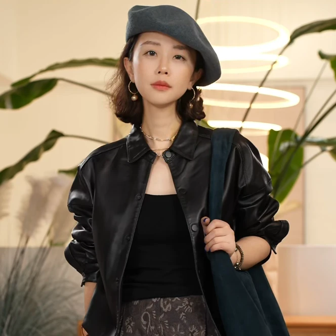 【叭哒不惑】法兰西 绵羊皮时尚设计感皮衣百搭秋冬翻领外套