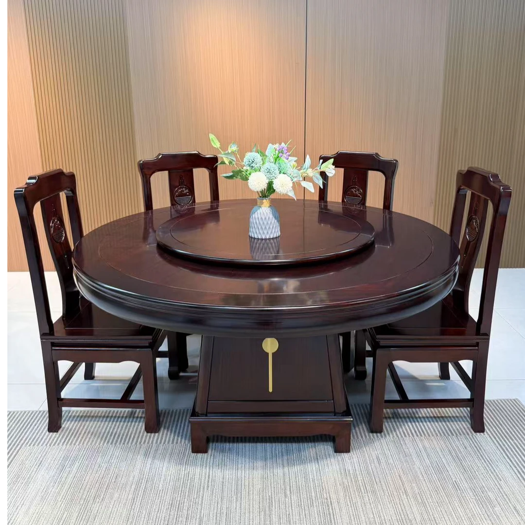 榫卯新中式乌金木餐桌椅组合高端实木圆桌带转盘现代家用圆形饭桌