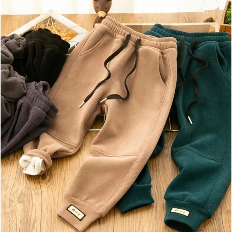 儿童加绒加厚裤子男童秋冬新款拼接中大童保暖长裤 22811