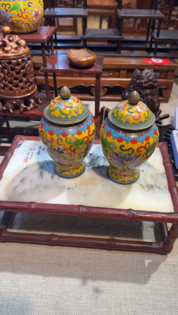 花梨木类宁**远景泰蓝  将军罐  工艺品