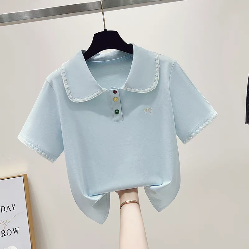 【思晨家】2025韩版女童短袖t恤夏季新款polo衫贝壳绣娃娃领T恤上衣