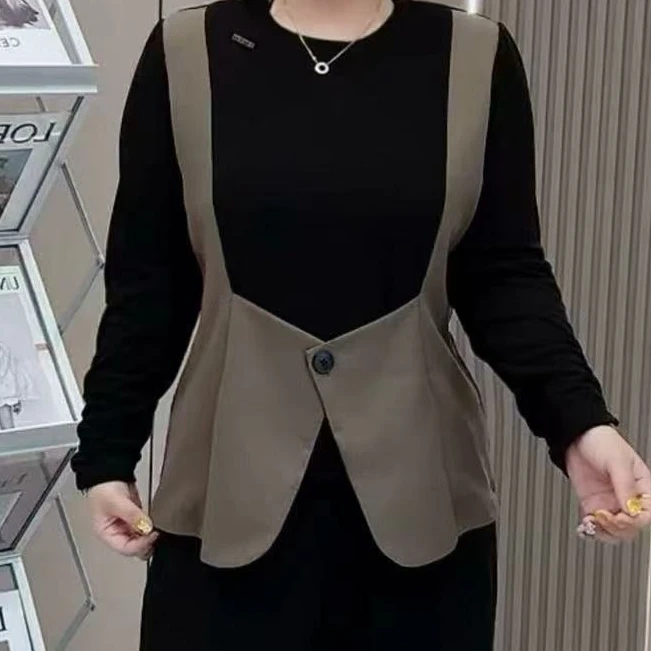 3368-早秋大码小标显瘦假两件大码时尚衫