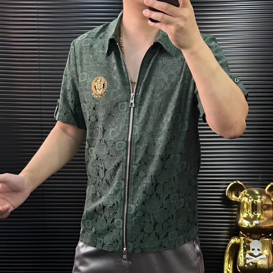 FLD夏季烫钻短袖格子夹克男短袖中年夏装高质感穿搭男士透气95317