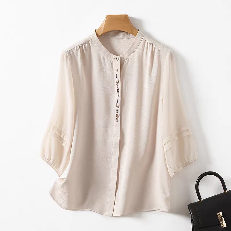 杭州丝绸真丝衬衫女中袖重工刺绣设计感提花妈妈香云纱桑蚕丝上衣