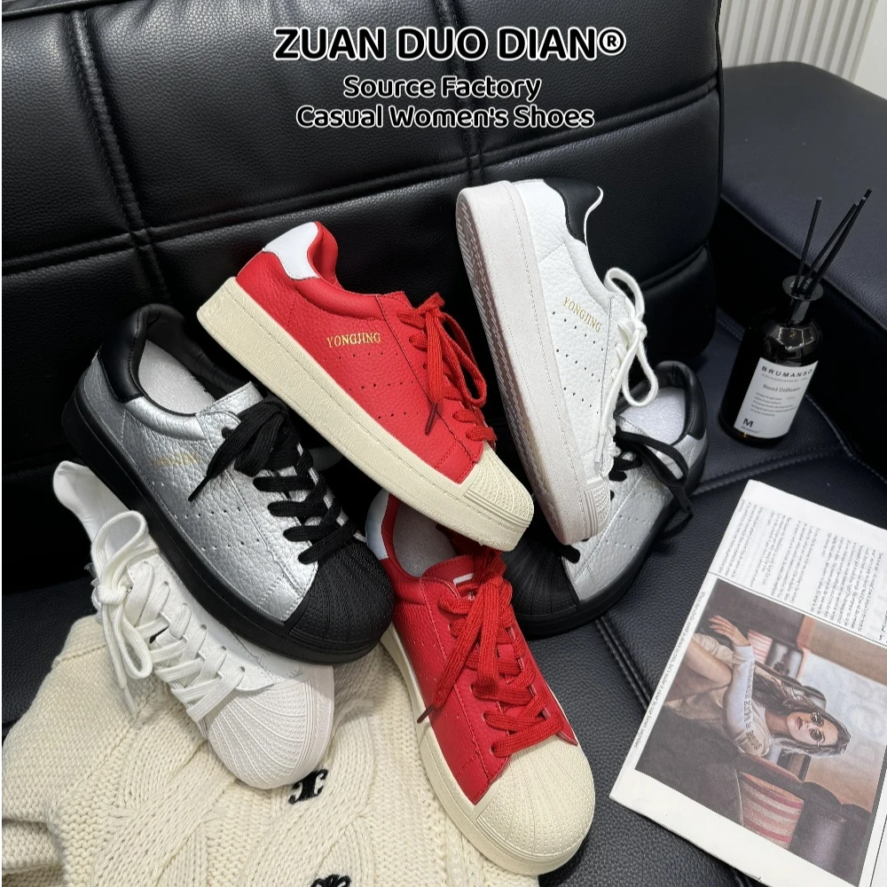 经典贝壳头~皮面款复古板鞋耐磨圆头秋季休闲鞋ins平底女鞋潮鞋