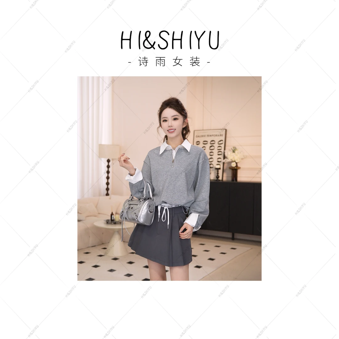 HISHIYU【城市日记】黑白撞假两件拉链针织简约时尚百搭短上衣