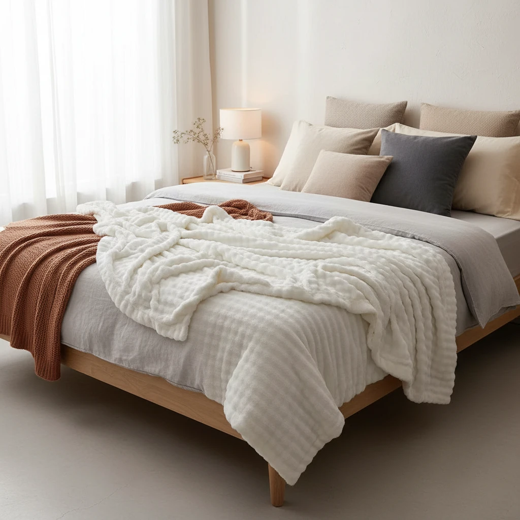 【奶油白小泡泡双层毯】190*230cm托卡泡泡盖毯厚多功能双层毯卧室