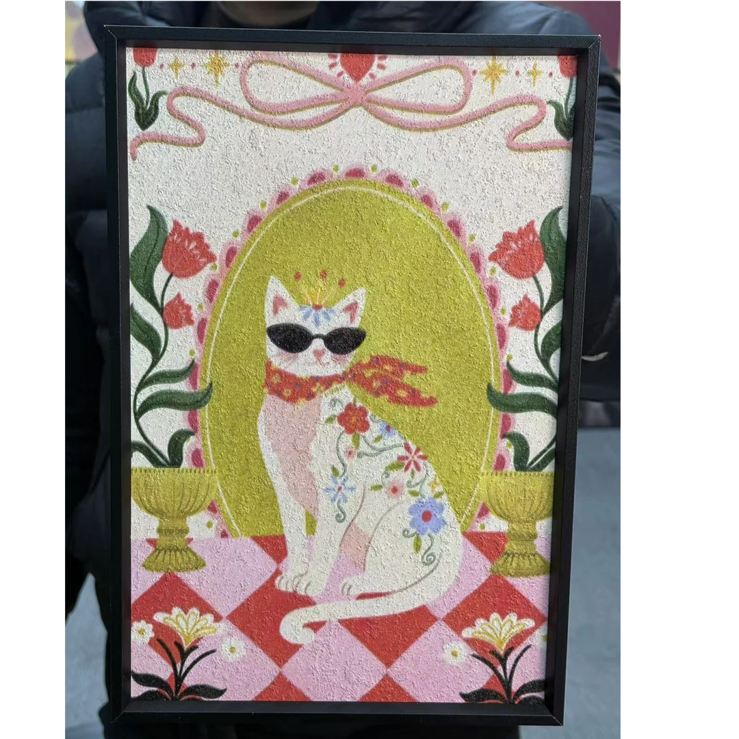 北欧复古艺术感小猫温馨现代客厅装饰画竖版多巴胺玄关壁画2030