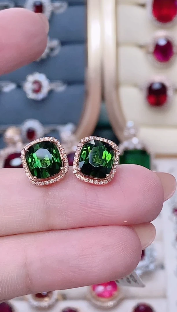 18K金镶嵌18K金耳饰绿色碧玺微*-6ct