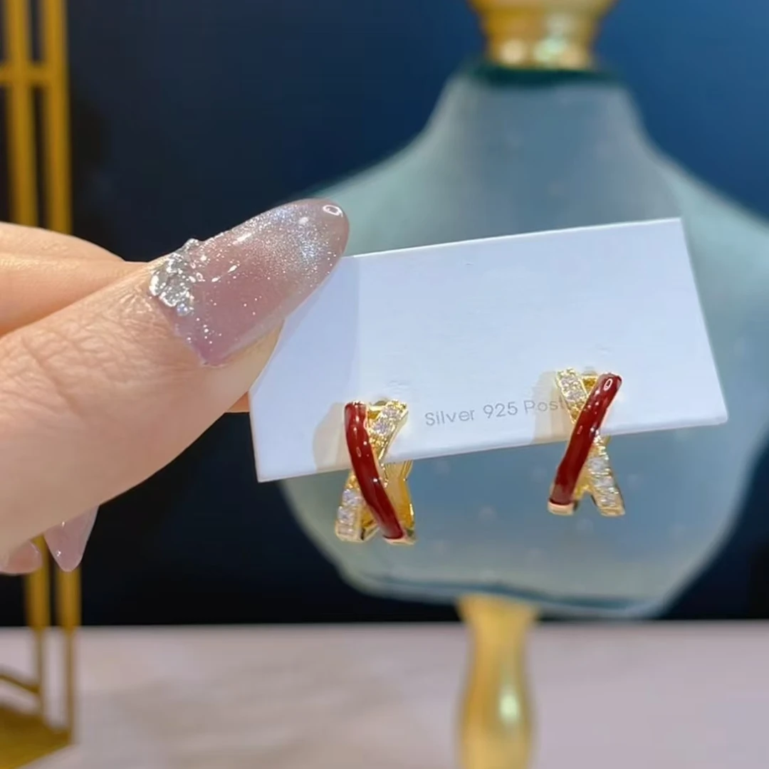 铜合金耳饰 925银针耳饰 红色交叉耳扣轻奢高级优雅复古百搭简约