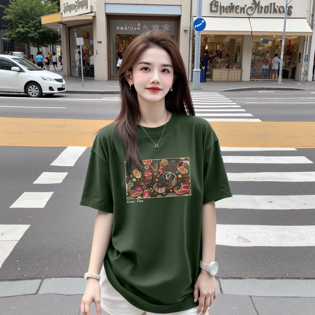 清【佳期如梦】纯棉宽松显瘦短袖T恤印花圆领时尚休闲百搭上衣