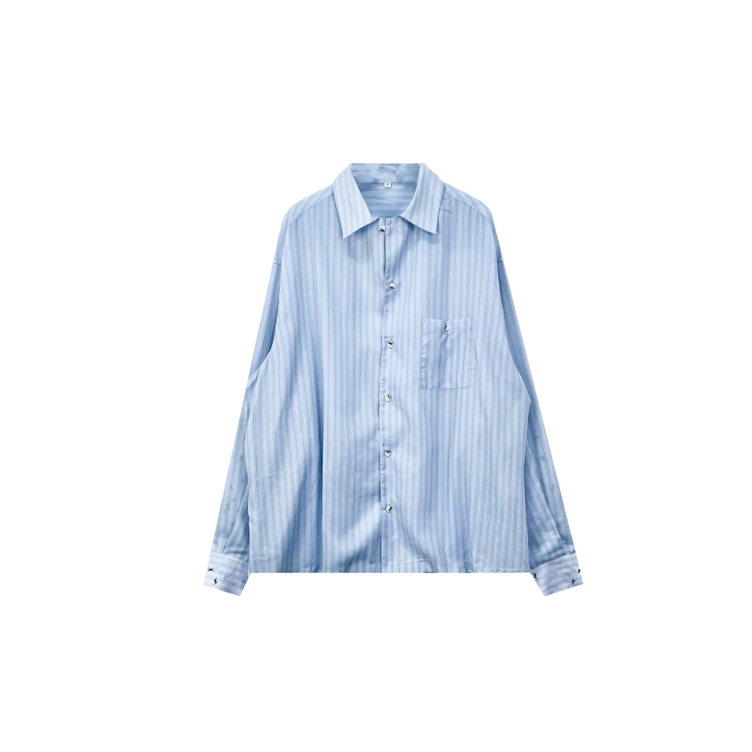 幂式穿搭刺绣复古蓝色条纹衬衫女宽松慵懒风长袖设计感别致上衣