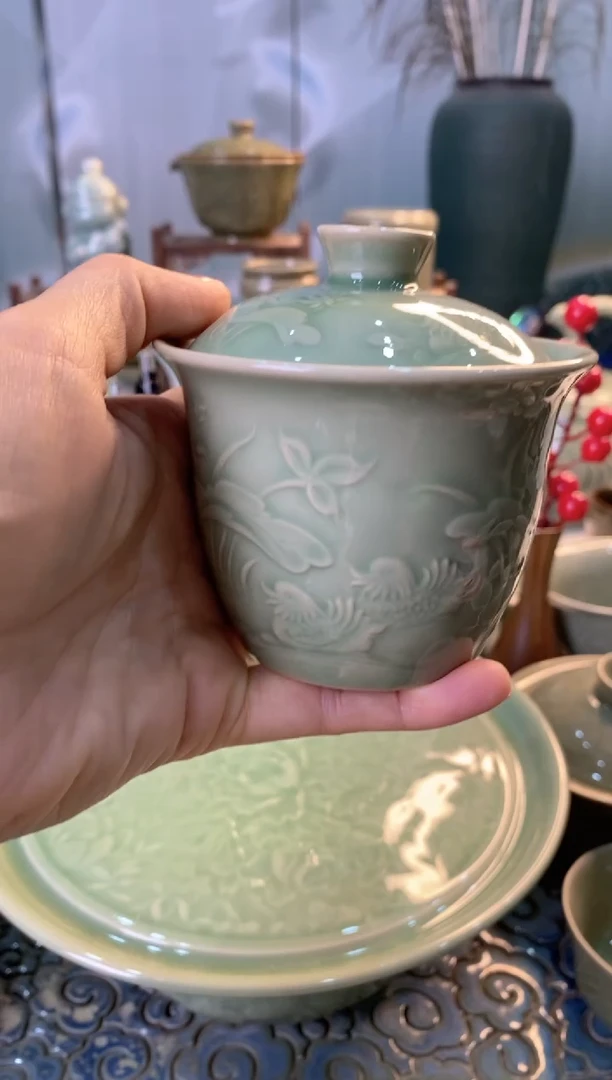 耀州窑微瑕处理 TS028鸳鸯盖碗 两才