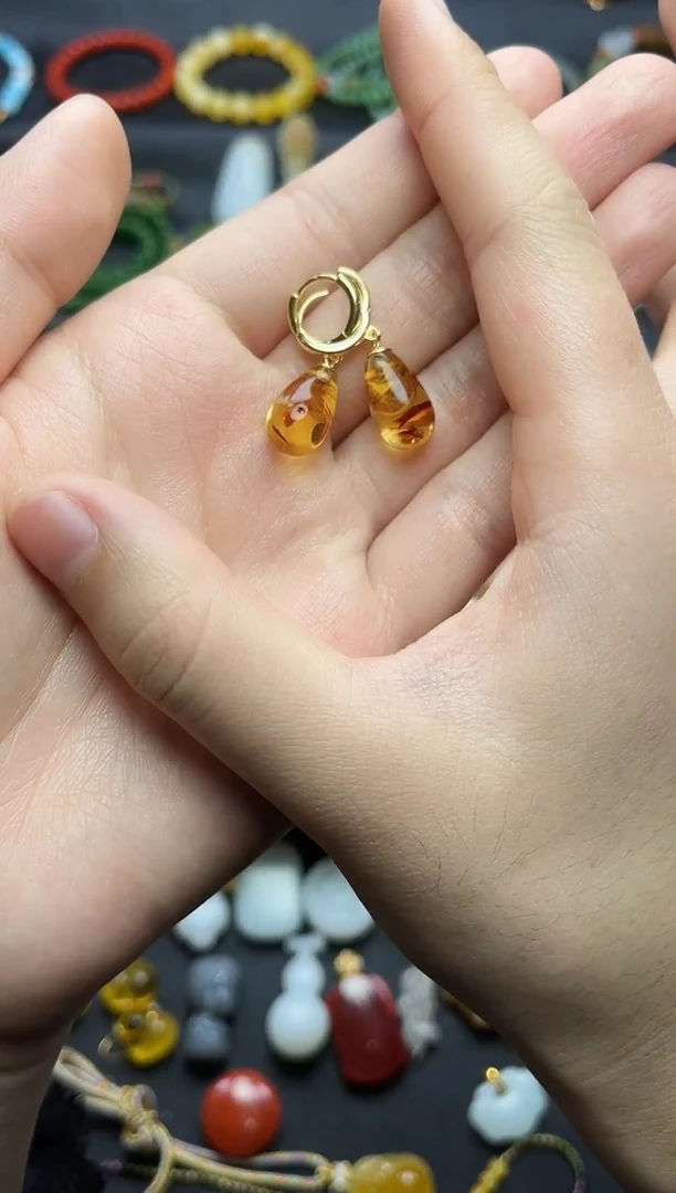 琥珀银S925镶嵌耳饰花珀耳钩06