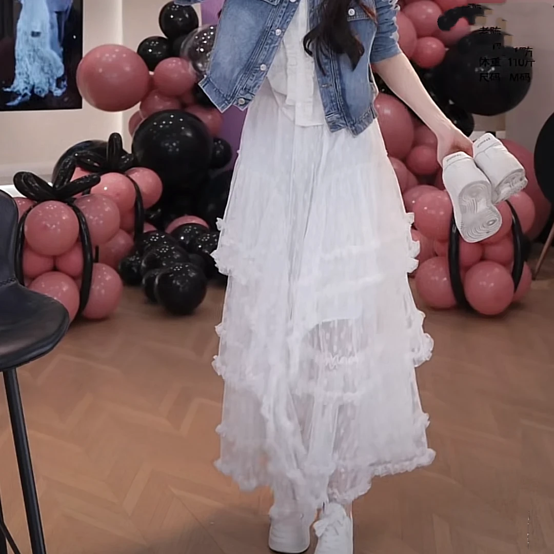 仙女蕾丝花朵纱纱半身裙2025早春款气质松紧腰波点蛋糕裙长裙