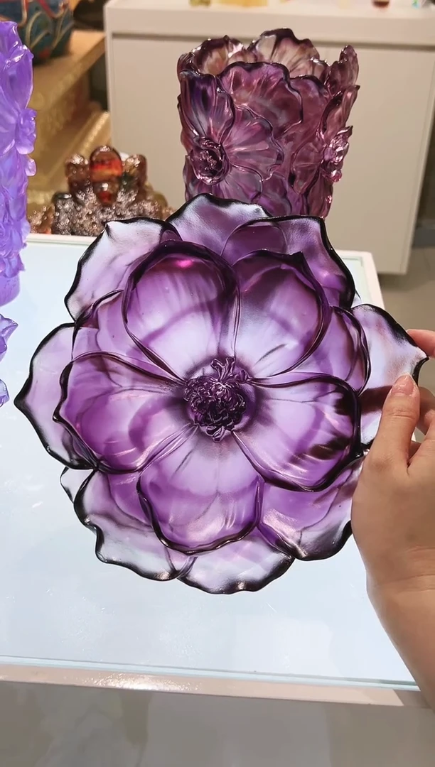 手工艺品琉璃古法琉璃山茶花果盘