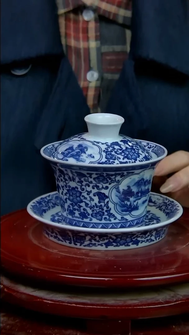 摆件陶青花山水马蹄三才