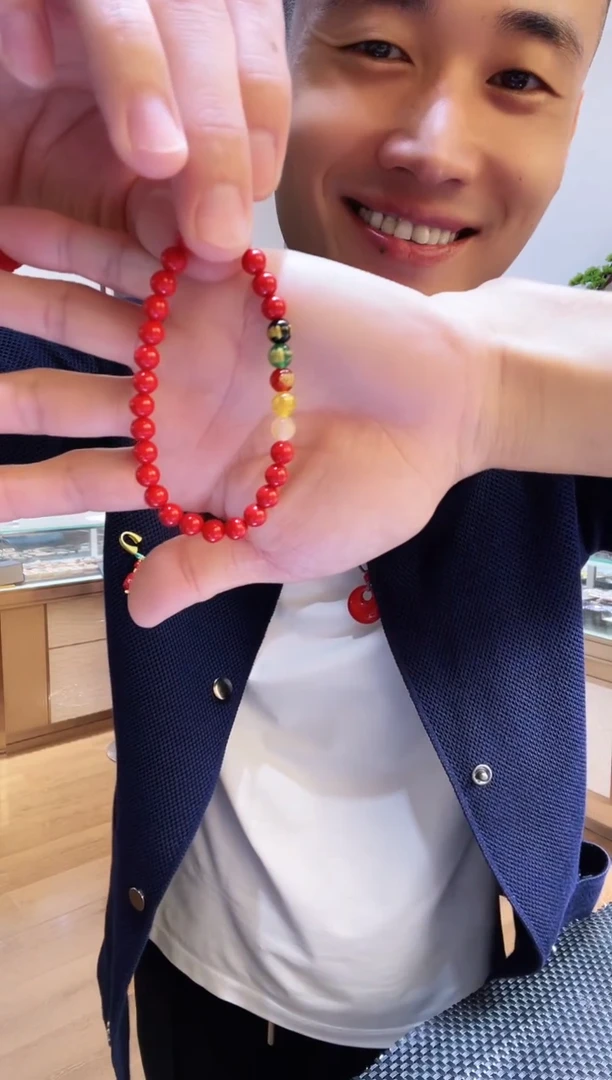 天然辰砂6毫米红纱五路手串