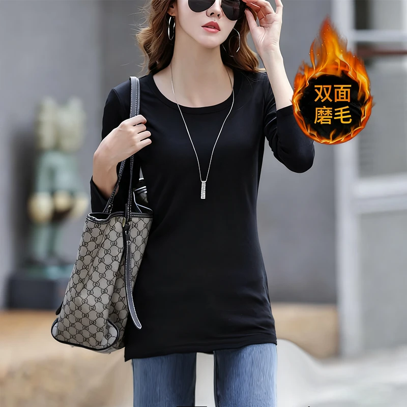 德绒加厚中长款打底衫女秋冬新款遮屁股长袖t恤网红洋气炸街女装