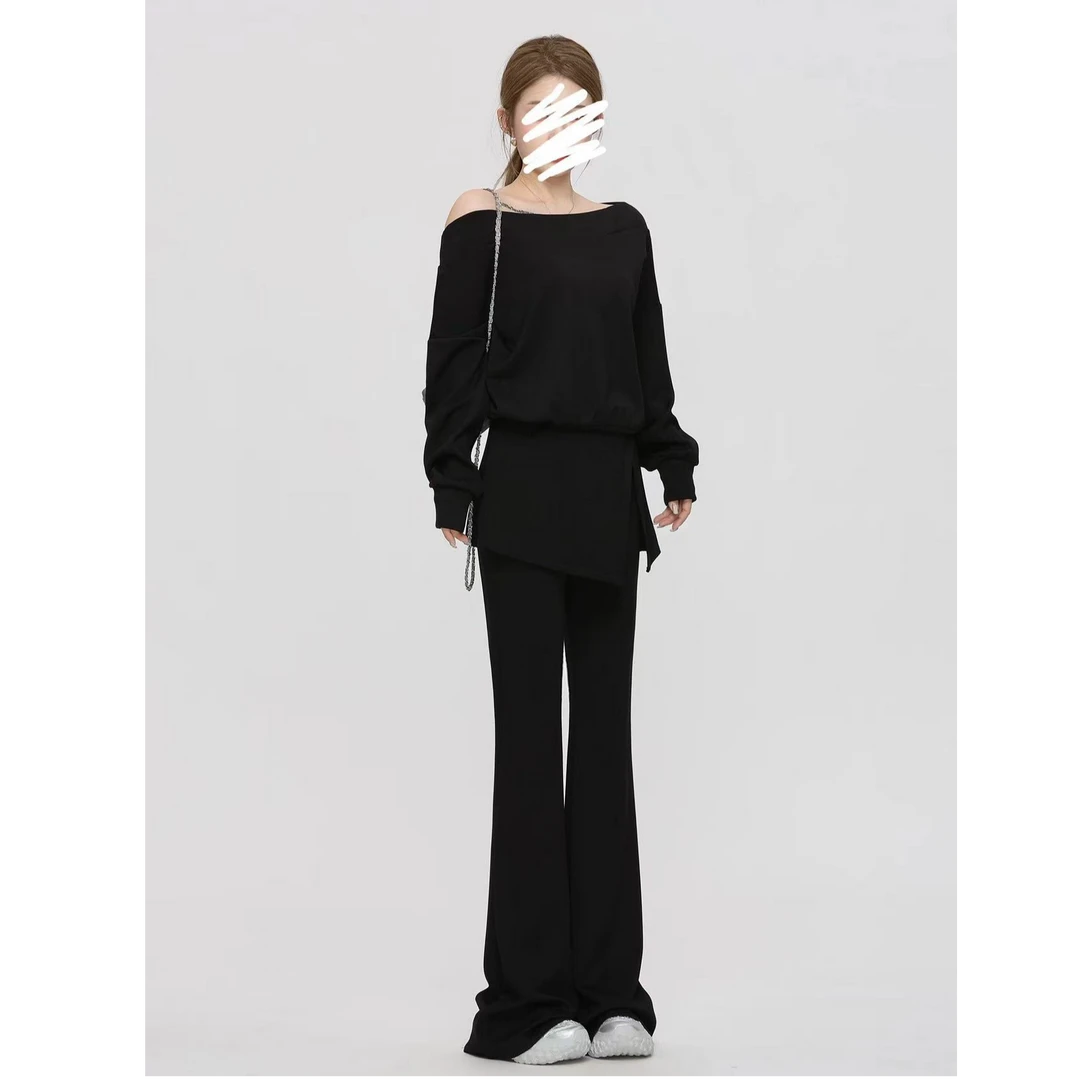 法式时尚套装女秋季宽松简约慵懒一字肩上衣修身显瘦微喇裤两件套