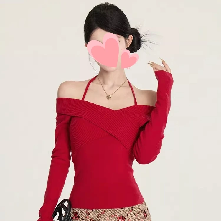 辣妹交叉一字肩挂脖针织衫女春季新款气质露锁骨收腰修身显瘦上衣