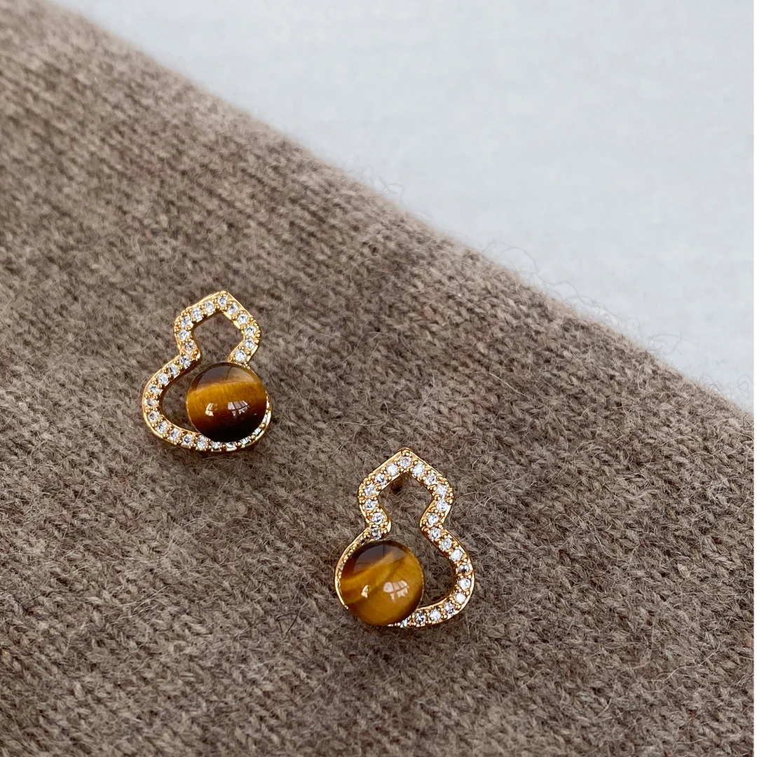 铜合金耳饰 天然虎眼石葫芦福禄新中式复古耳钉女耳环潮