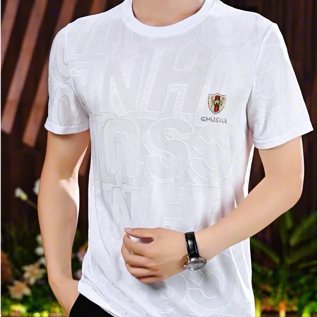 清凉夏季冰丝提花T恤薄款圆领休闲透气针织修身轻奢速干男士