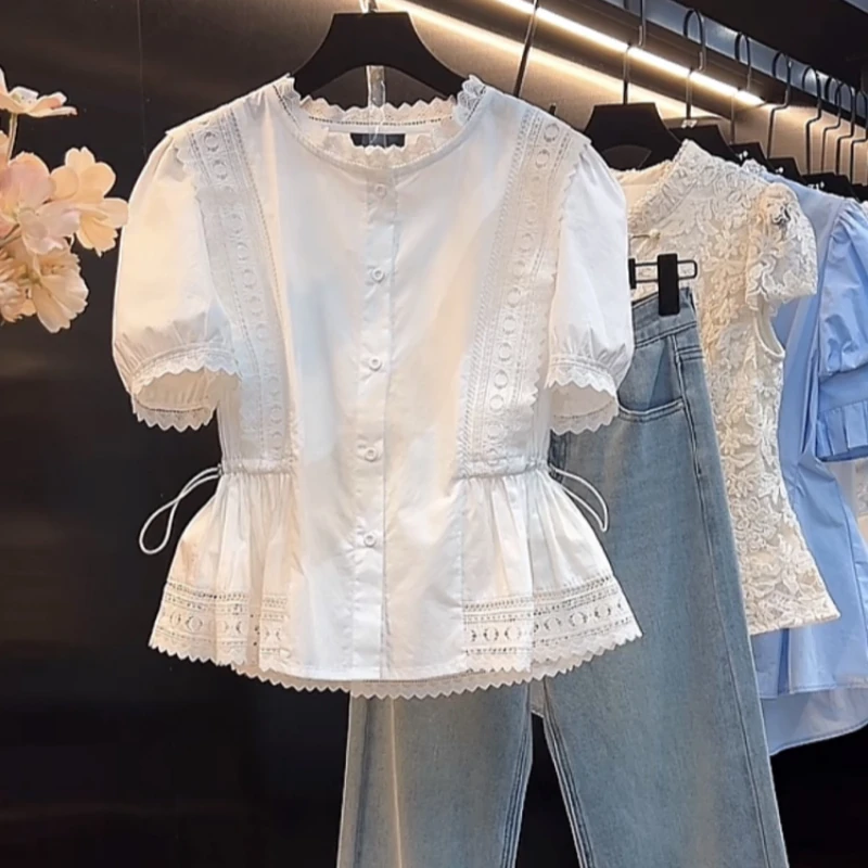 大码蕾丝镂空白色短袖衬衫女夏季2025新款设计感时尚气质衬衣上衣