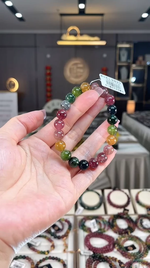 未镶嵌收藏级老矿碧玺色标彩虹单圈手串9mm+碧玺hon多样性发一条