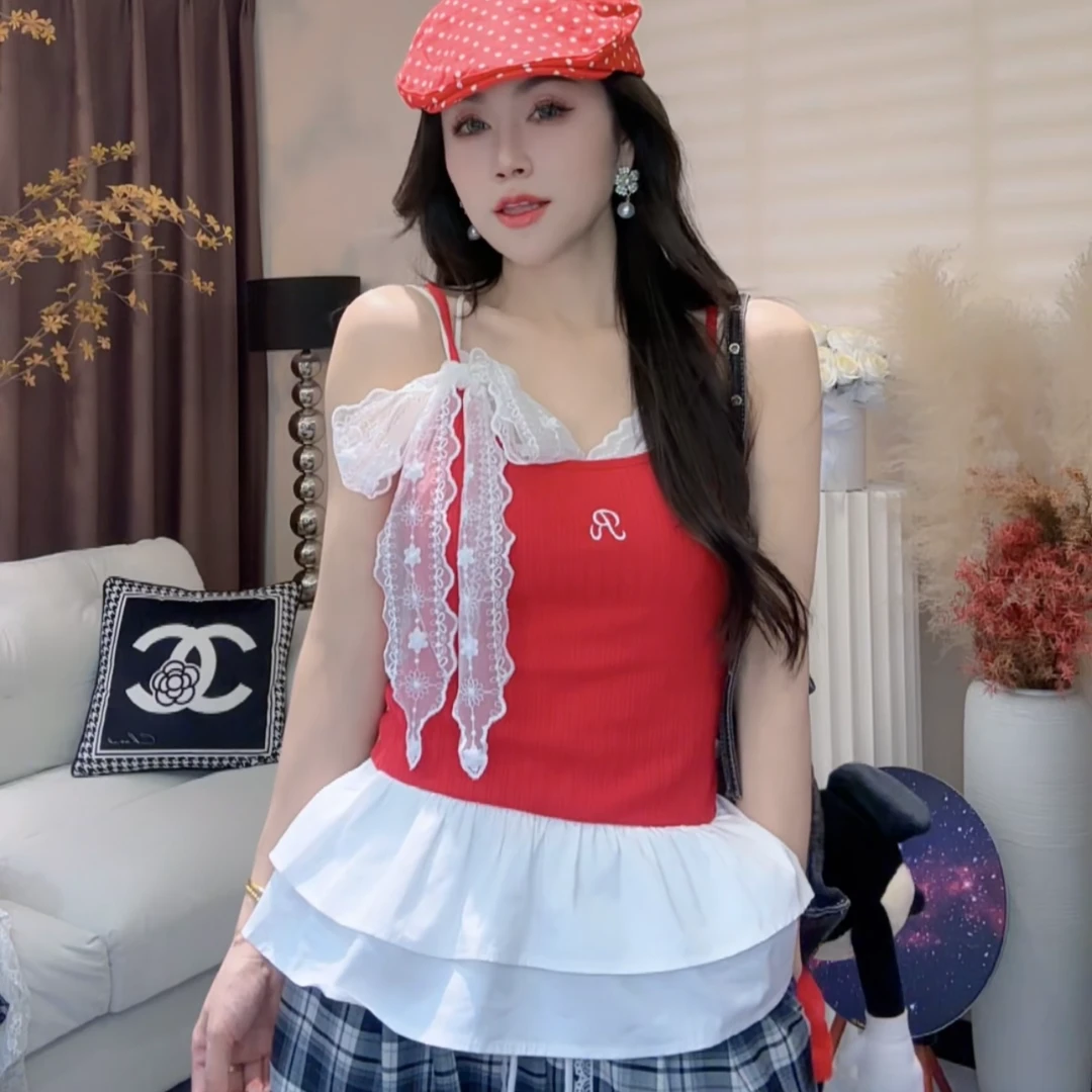 L.X~撞色针织花边拼接吊带背心内搭芭蕾风修身显瘦可外穿上衣6115